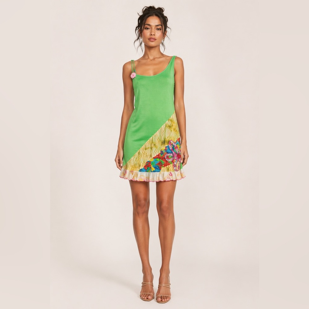 Y2K quirky Crazy Fish knit jersey green dress w/ crochet & mixed fabric dress. S